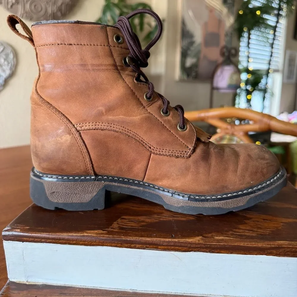 Tony Lama Youth Brown Boho Western Prairie Style Leather Lace-Up Kiltie Boots 3